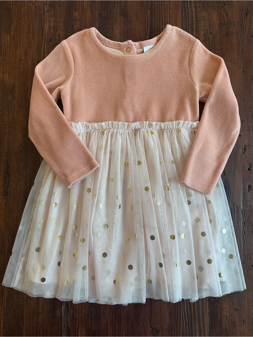 Girls Pink Long Sleeve Velour Gold Polka Dot Tulle Lined Dress Size 24 Months